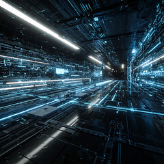 Futuristic data center or server room with glowing blue lights. High-tech digital corridor representing network, big data, and technology concepts.
