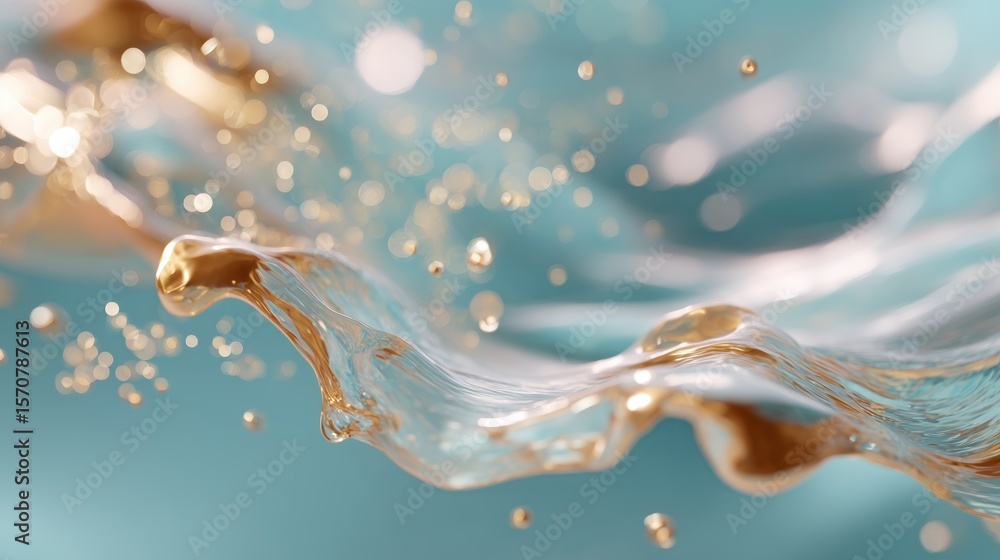 Poster water splash with golden droplets against a soft blue background capturing dynamic motion in a creat