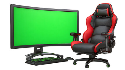 Gaming Setup with Red and Black Ergonomic Chair and Green Screen Monitor