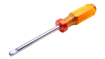A single flathead screwdriver with an orange transparent handle and red collar, isolated on transparent background