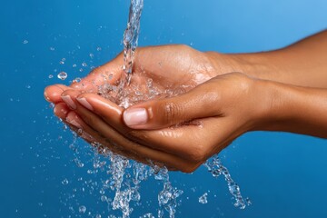 Fototapeta premium Water pouring into cupped hands against a blue background in a studio shot