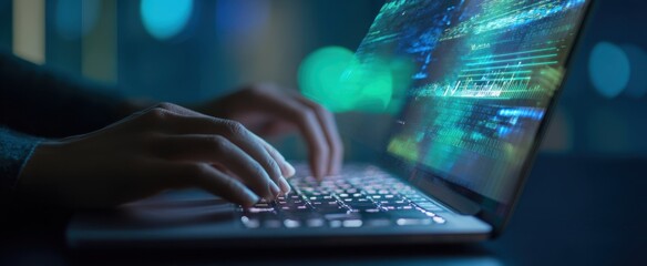 The laptop displaying vibrant data streams while hands elegantly type in the night.