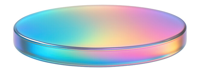 Oval platform with a smooth, iridescent finish, gently tilting back and forth in mid-air.