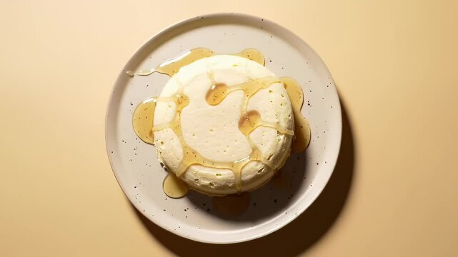 Drizzled Honey Pancake On a Speckled Plate Isolated On Peach Background For Adobe Stock