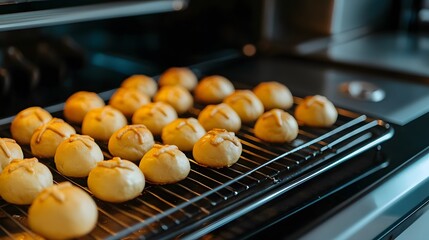 Freshly baked buns arranged on a wire rack.