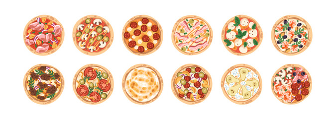 Different pizza set. Italian food, whole circles, top view with cheese, meat, vegetables, mushrooms, pepperoni, tomato on crust. Pizzeria menu. Flat vector illustrations isolated on white background