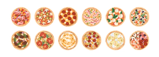  Different pizza set. Italian food, whole circles, top view with cheese, meat, vegetables, mushrooms, pepperoni, tomato on crust. Pizzeria menu. Flat vector illustrations isolated on white background © Good Studio