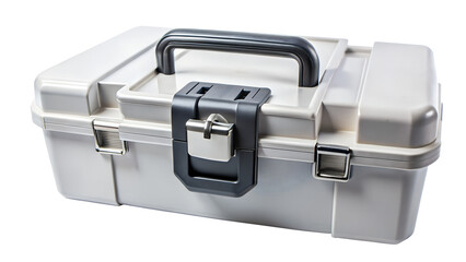 A sturdy white plastic toolbox with a dark gray handle and latch, isolated on a white background
