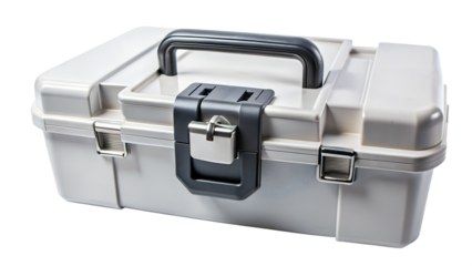 A sturdy white plastic toolbox with a dark gray handle and latch, isolated on a white background
