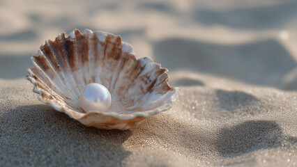 A delicate open seashell cradles a single white pearl on fine sunlit sand. Soft shadows and subtle reflections create a shallow depth of field, evoking luxury, nature, and serene coastal beauty.