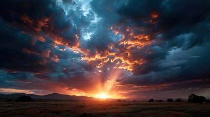 Naklejka premium Sunset spectacle over mountains nature landscape majestic sky vibrant colors scenic viewpoint