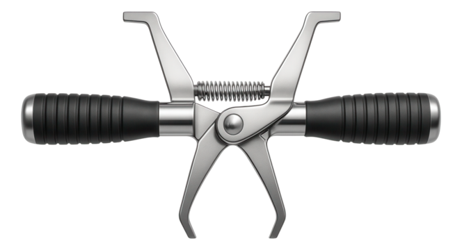 Spring-loaded piston ring expander with rubber grips for engine repair shops.