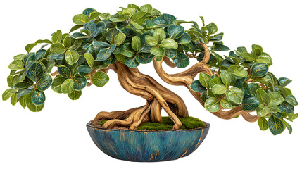 Green Bonsai Plant In Blue Decorative Pot On Transparent Background