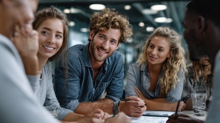 Obraz premium Collaborative team meeting modern office group interaction professional environment engaging viewpoint