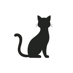 Black cat silhouette sitting elegantly with tail curled domestic animal feline