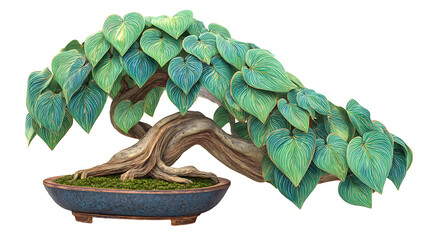 Green Bonsai Tree In Blue Pot On Transparent Background