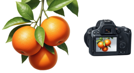 Oranges on branch with camera isolated on a transparent background fruit citrus