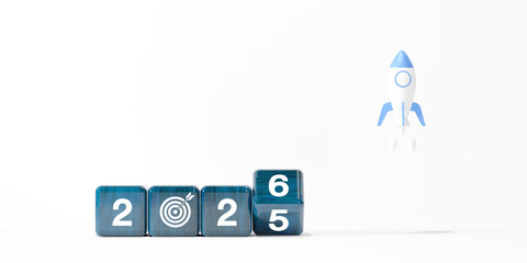 2026 goal, rocket launch and upward arrows. Futuristic concept of business growth, digital strategy, and vision planning.