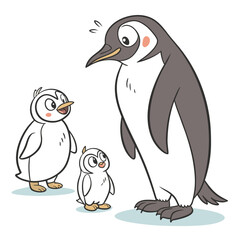 Obraz premium Cute Cartoon Penguins Family White Gray Minimalist Style
