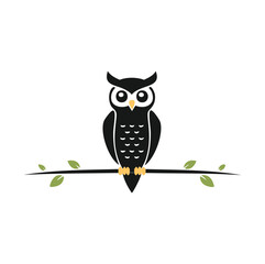 Black owl perched on branch with green leaves bird tree