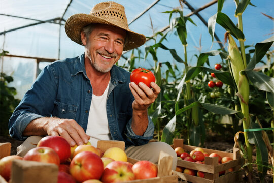 Senior Farmer Holding a Tomato in Greenhouse