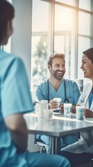 Happy smiling doctors sit in modern clinic cafe and taking break, drinking coffee during talking with teammate. Relaxed carefree medical staff in hospital cafe. Professional team. Lifestyle. vertical.