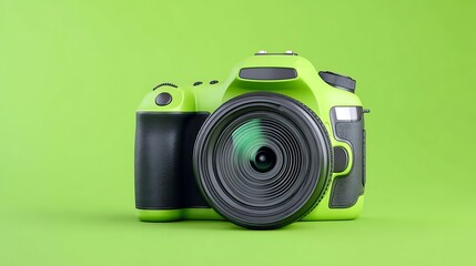 Green Digital Camera with Lens on Vibrant Green Background