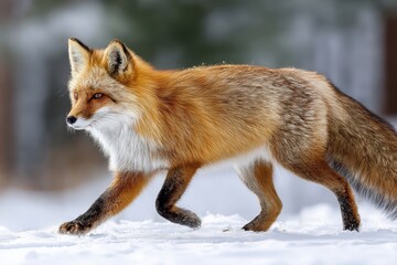 Obraz premium Red fox walks gracefully across a snowy landscape in winter sunlight