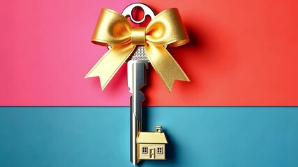 A large silver key with a golden bow and a small house charm attached. The background is a bright blue color, emphasizing the key's features. looper, loop, - Powered by Adobe