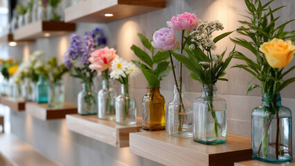 An artistic flower shop wall with narrow shelves holding single-stem flowers in unique glass bottles. Evenly spaced blooms and warm ambient lighting create a cozy, stylish, and elegant display.