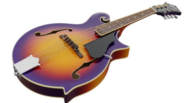 Purple orange sunburst mandolin stringed instrument isolated on a transparent background