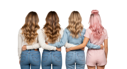 Four women friends arms around shoulders isolated on a transparent background denim jeans