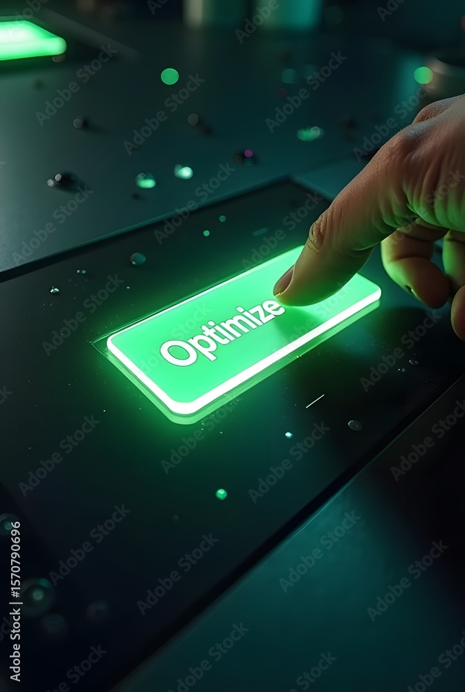 Poster a finger presses a glowing green optimize button on a futuristic, dark interface a captivating image