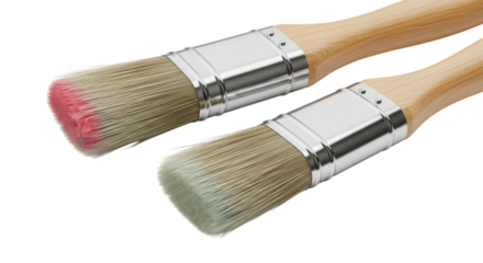 Paint brushes with pink and green tips isolated on a transparent background art supplies