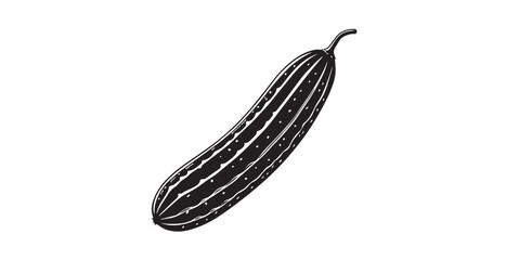 Detailed black and white illustration of a long cucumber with textured stripes silhouette