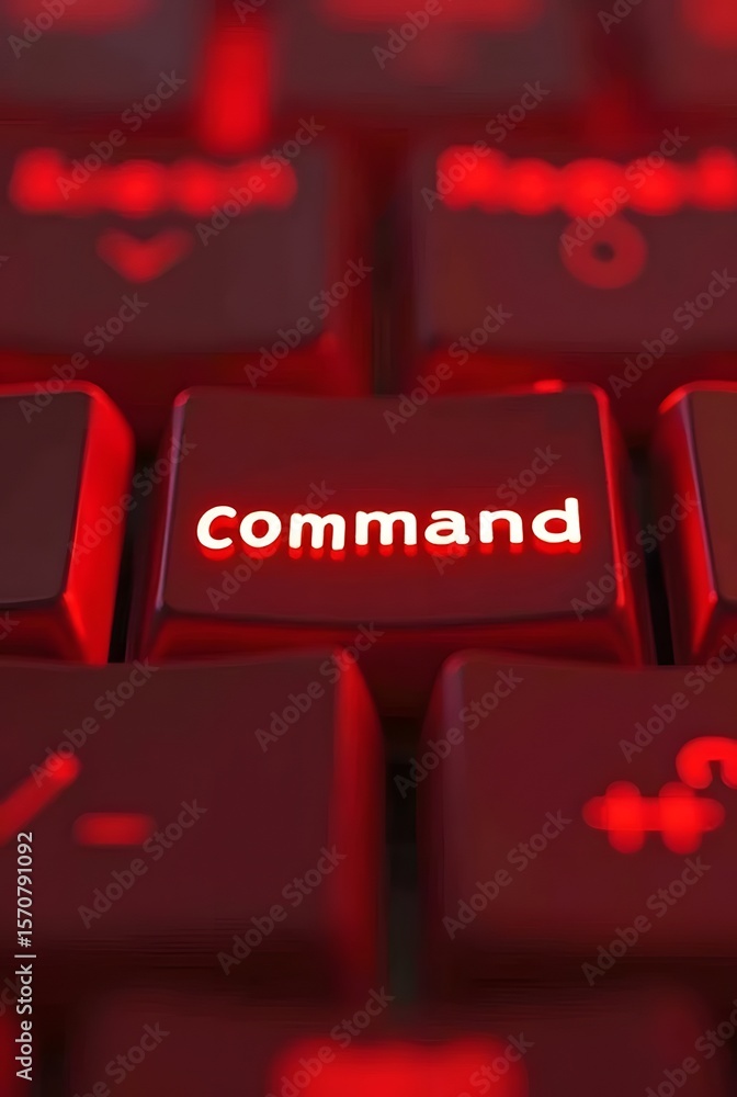 Poster red illuminated keyboard key with the word command, vertical composition. a closeup shot showcasing 