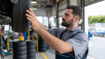 An auto mechanic in uniform inspects the tires of a lifted car in a tire shop using a hydraulic jack. Stacks of tires fill the background, tools blur in motion, and  light enters through the open door