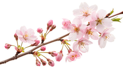 Pink cherry blossom branch with buds on white background