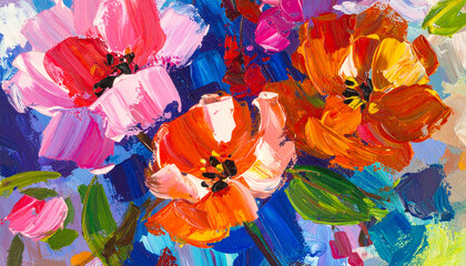 Botanical abstraction. Beautiful flowers. Thick acrylic daubs. Hand drawn art.