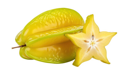 Yellow star fruit with sliced star fruit isolated on a transparent background carambola