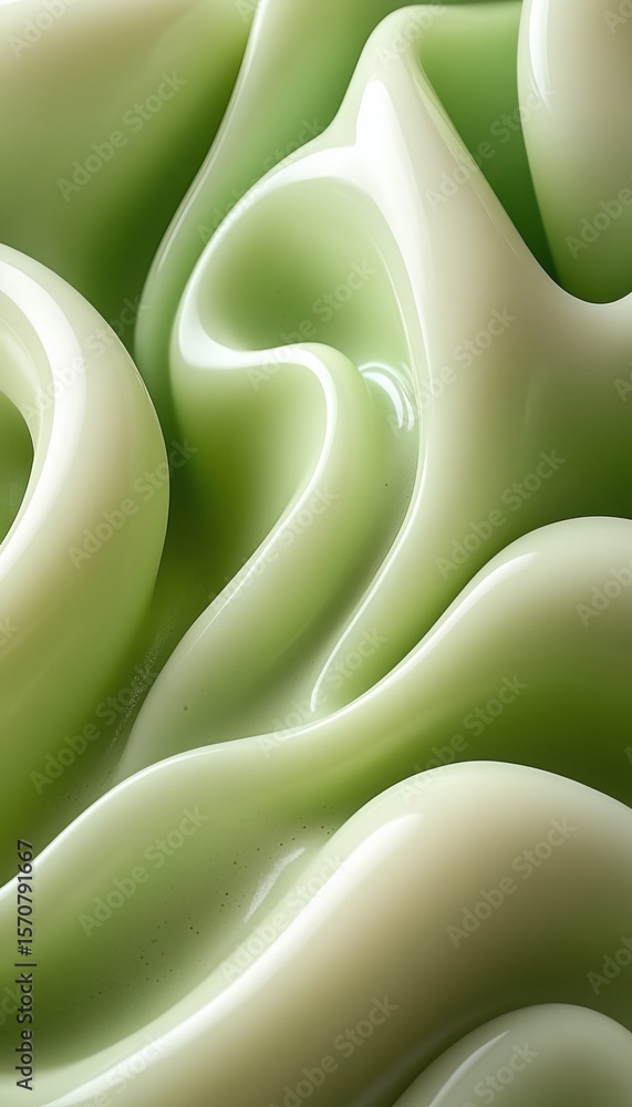 Poster abstract organic shapes in soft green tones, dynamic waved background with fluid monochrome gradient