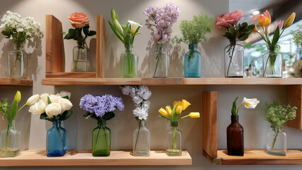 Artistic flower shop wall with narrow shelves holding single-stem flowers in unique glass vases. Roses, tulips, and lilies are evenly spaced, creating a cozy, stylish floral display.
