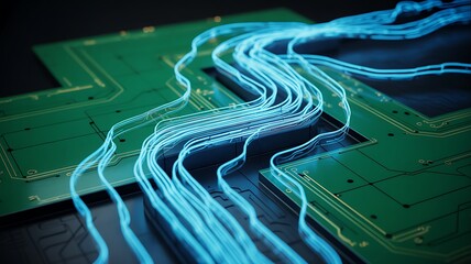 Abstract glowing blue data streams flowing over a green circuit board