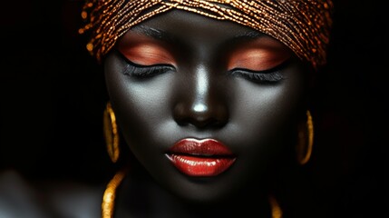 Glamorous African Woman with Red Lips and Golden Accessories Against a Black Background in Portrait
