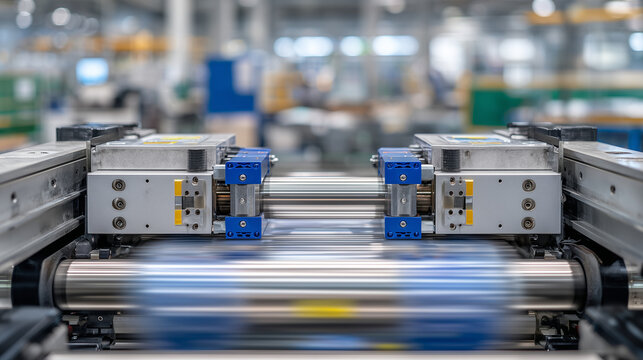 Macro view of roller mechanism stretching clear polyethylene sheets during high-speed bag production, modern machinery with steel tension arms and plastic feed aligned perfectly
