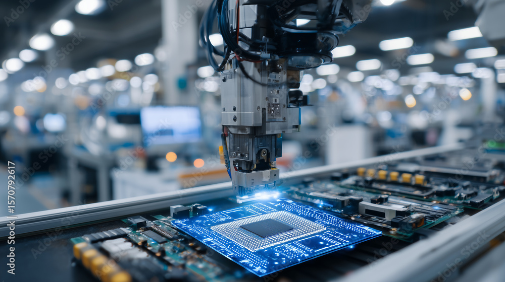 Aufkleber close-up of automated conveyor arm assembling smartphone components, microchips precisely placed wit