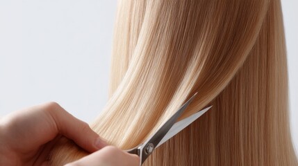A close-up view of a hand cutting long, shiny blonde hair with professional scissors. This image captures the beauty and precision of hair styling in a minimalistic style. AI
