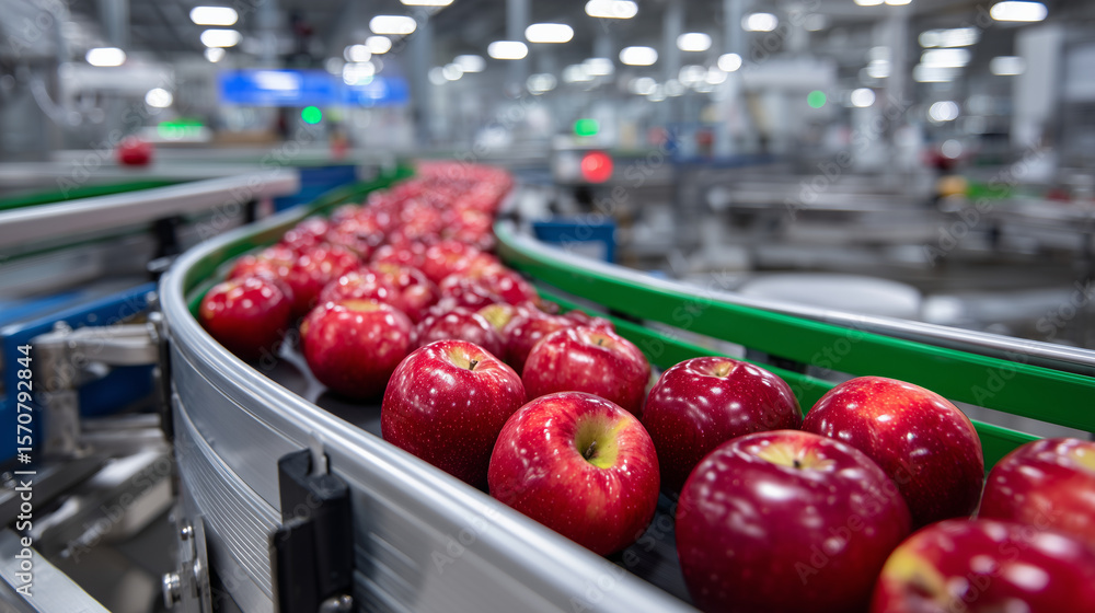 Aufkleber mechanical sorter lines up red apples on grading track, size and shape sensors flash as fruit rolls 