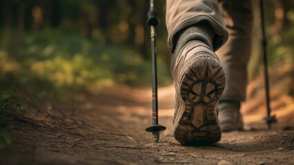 A close up of a woman's hiking boot and trekking pole on a footpath in a forest. Concept of adventure and exploration.
