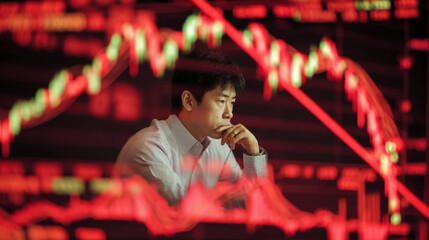 A man contemplating financial data on large screens showing declining stock market graphs, reflecting an atmosphere of concern and contemplation.